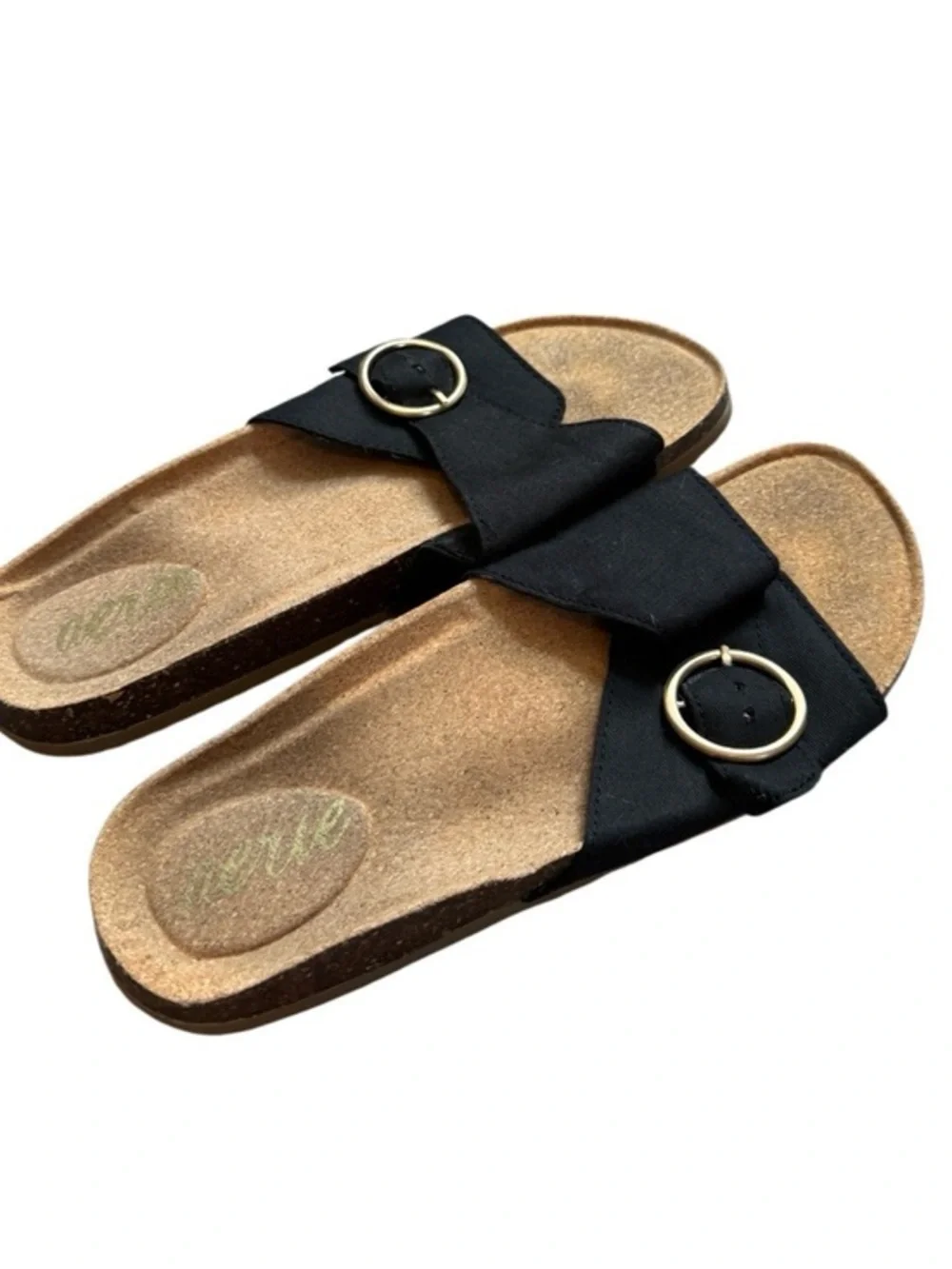 Aerie Black‎ Canvas Gold Buckle Cork Sandals Size 8 Boho Coastal Euro Summer
